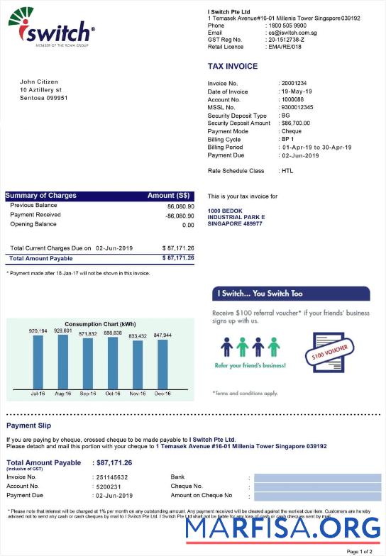 Printable Singapore Iswitch energy utility bill template, fully editable in PSD format